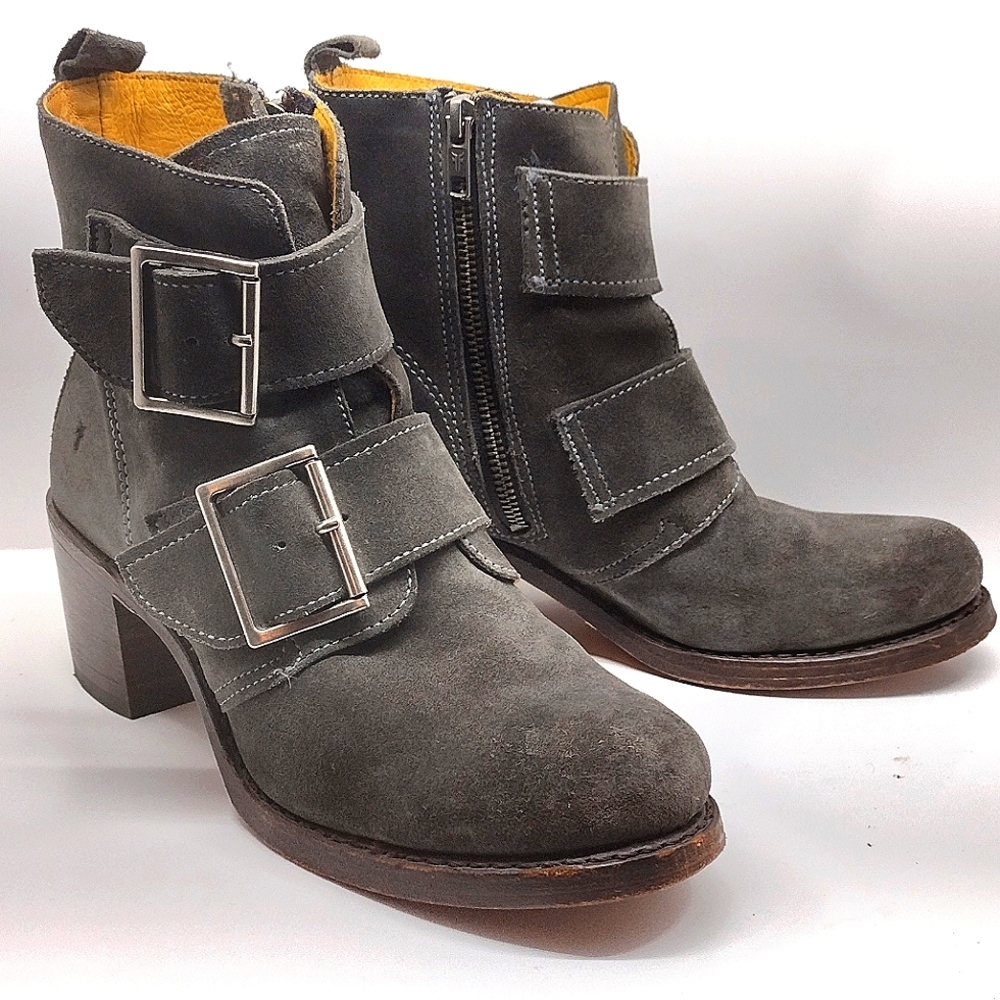 Frye Sabrina Double Buckle Grey Leather Boots l Side Zipper l Size 9 M l